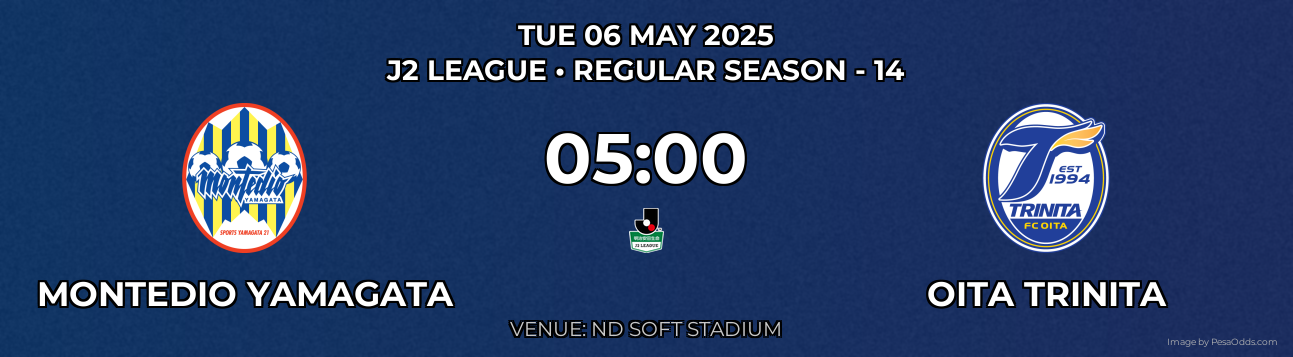 Montedio Yamagata vs Oita Trinita Prediction match poster for J2 League fixture on TUE 06 MAY 2025