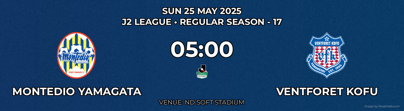 Montedio Yamagata vs Ventforet Kofu Prediction match poster for J2 League fixture on SUN 25 MAY 2025
