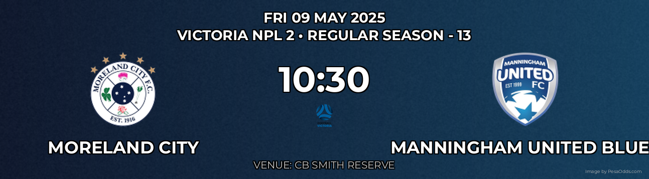 Moreland City vs Manningham United Blues Prediction match poster for Victoria NPL 2 fixture on FRI 09 MAY 2025