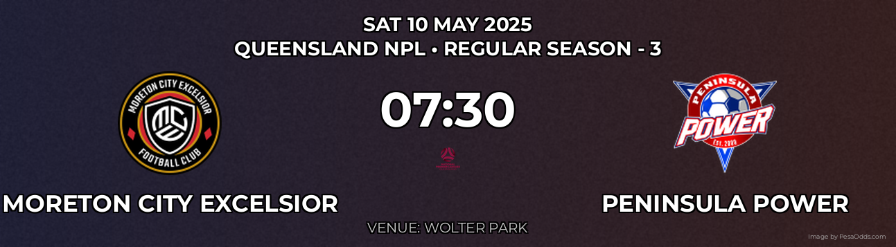 Moreton City Excelsior vs Peninsula Power Prediction match poster for Queensland NPL fixture on SAT 10 MAY 2025