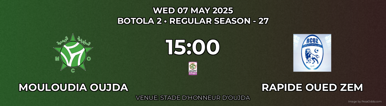 Mouloudia Oujda vs Rapide Oued ZEM Prediction match poster for Botola 2 fixture on WED 07 MAY 2025