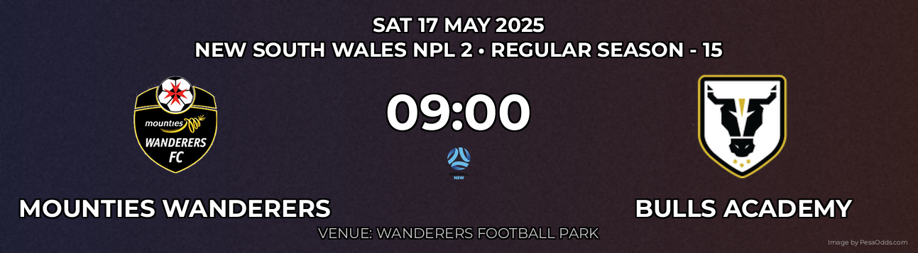 Mounties Wanderers vs Bulls Academy Prediction match poster for New South Wales NPL 2 fixture on SAT 17 MAY 2025