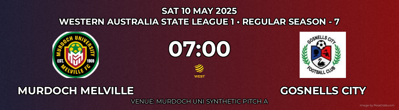 Murdoch Melville vs Gosnells City Prediction match poster for Western Australia State League 1 fixture on SAT 10 MAY 2025