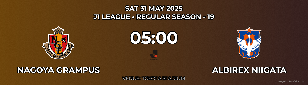Nagoya Grampus vs Albirex Niigata Prediction match poster for J1 League fixture on SAT 31 MAY 2025