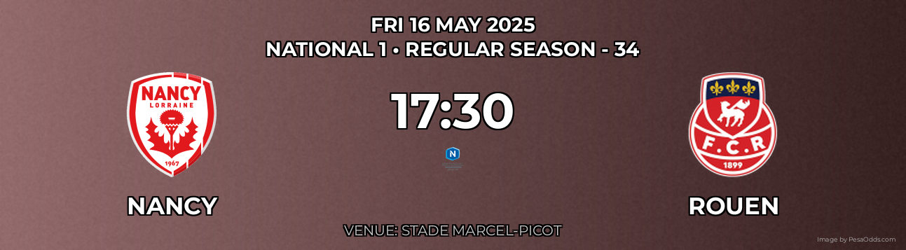 Nancy vs Rouen Prediction match poster for National 1 fixture on FRI 16 MAY 2025