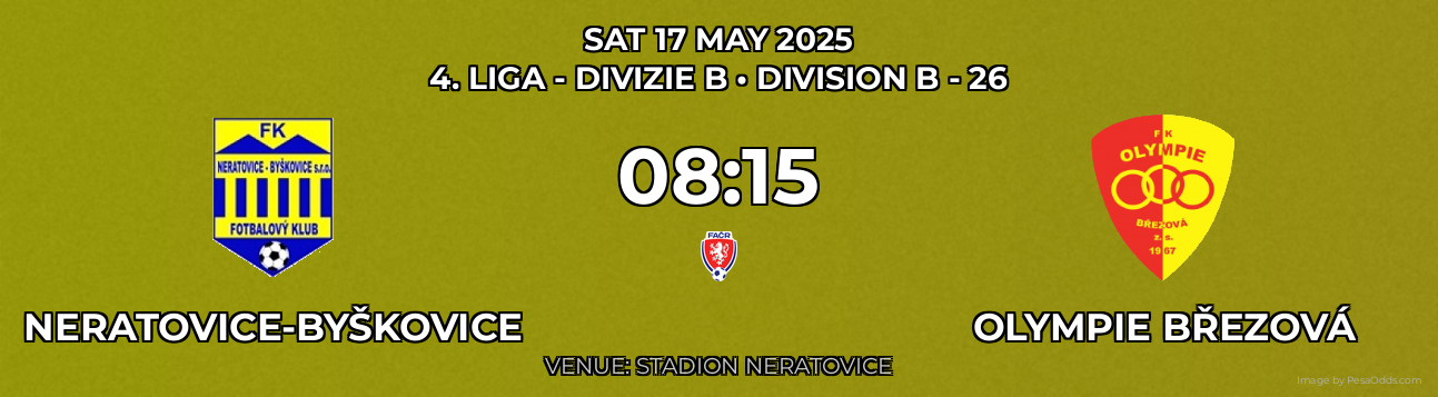 Neratovice-Byškovice vs Olympie Březová Prediction match poster for 4. liga - Divizie B fixture on SAT 17 MAY 2025