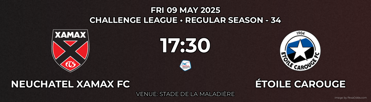Neuchatel Xamax FC vs Étoile Carouge Prediction match poster for Challenge League fixture on FRI 09 MAY 2025