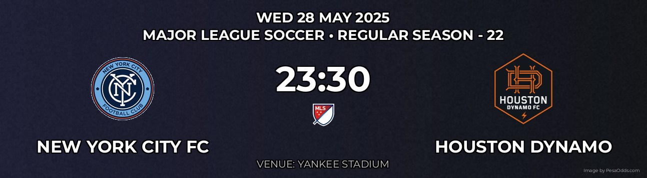 New York City FC vs Houston Dynamo Prediction match poster for Major League Soccer fixture on WED 28 MAY 2025