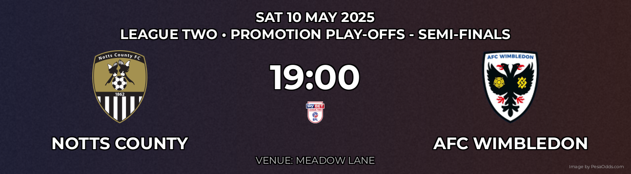 Notts County vs AFC Wimbledon Prediction match poster for League Two fixture on SAT 10 MAY 2025