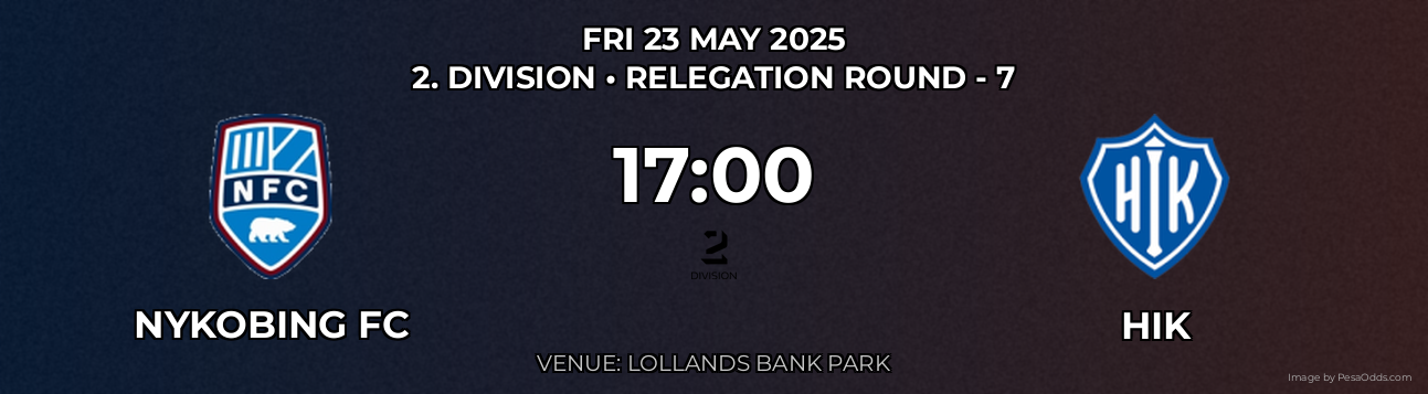 Nykobing FC vs HIK Prediction match poster for 2. Division fixture on FRI 23 MAY 2025