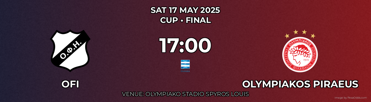OFI vs Olympiakos Piraeus Prediction match poster for Cup fixture on SAT 17 MAY 2025
