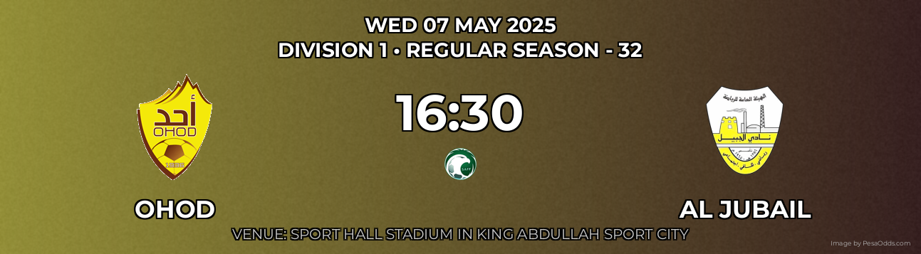 Ohod vs Al Jubail Prediction match poster for Division 1 fixture on WED 07 MAY 2025