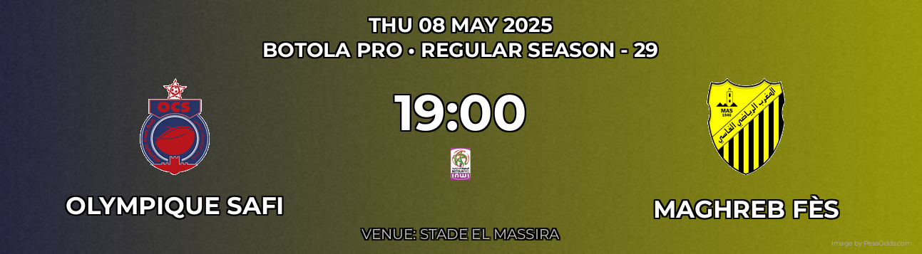 Olympique Safi vs Maghreb Fès Prediction match poster for Botola Pro fixture on THU 08 MAY 2025
