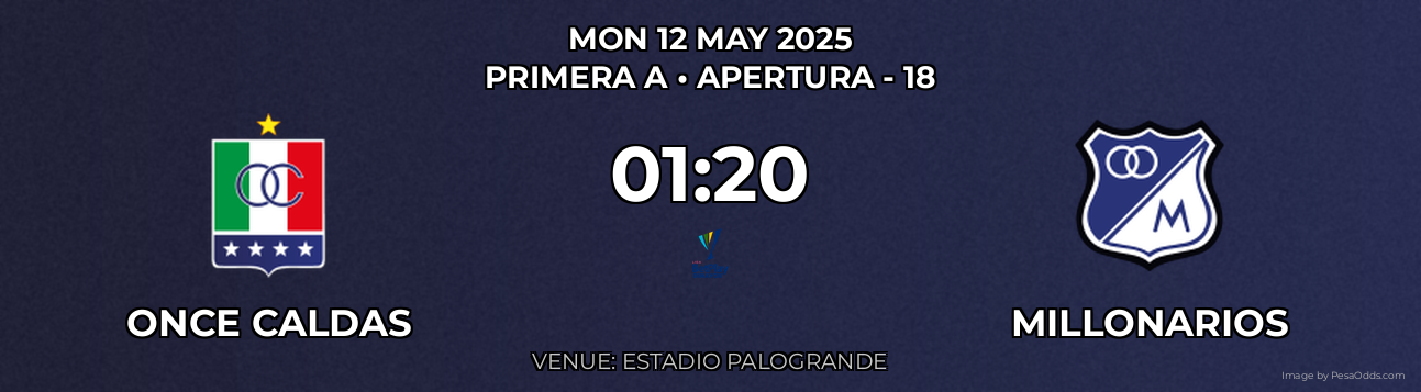 Once Caldas vs Millonarios Prediction match poster for Primera A fixture on MON 12 MAY 2025