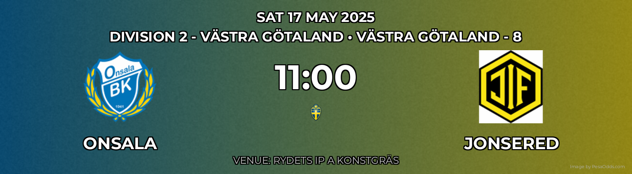 Onsala vs Jonsered Prediction match poster for Division 2 - Västra Götaland fixture on SAT 17 MAY 2025