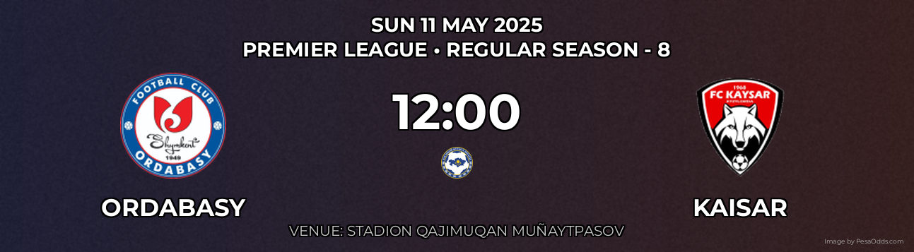 Ordabasy vs Kaisar Prediction match poster for Premier League fixture on SUN 11 MAY 2025