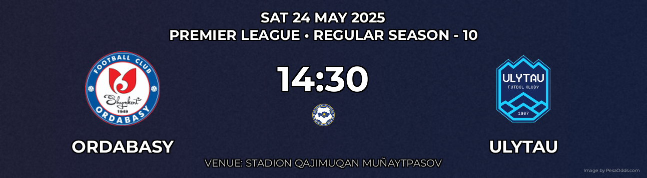Ordabasy vs Ulytau Prediction match poster for Premier League fixture on SAT 24 MAY 2025
