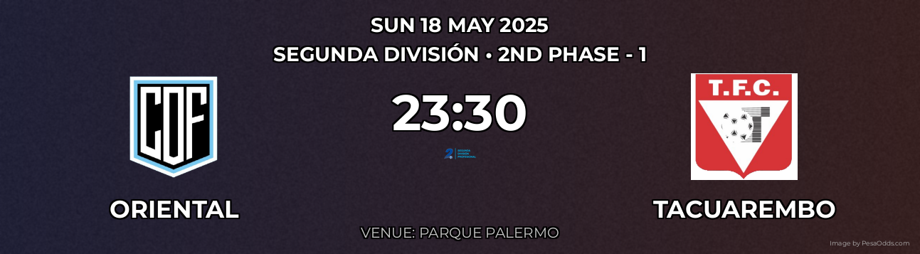 Oriental vs Tacuarembo Prediction match poster for Segunda División fixture on SUN 18 MAY 2025