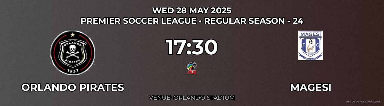 Orlando Pirates vs Magesi Prediction match poster for Premier Soccer League fixture on WED 28 MAY 2025