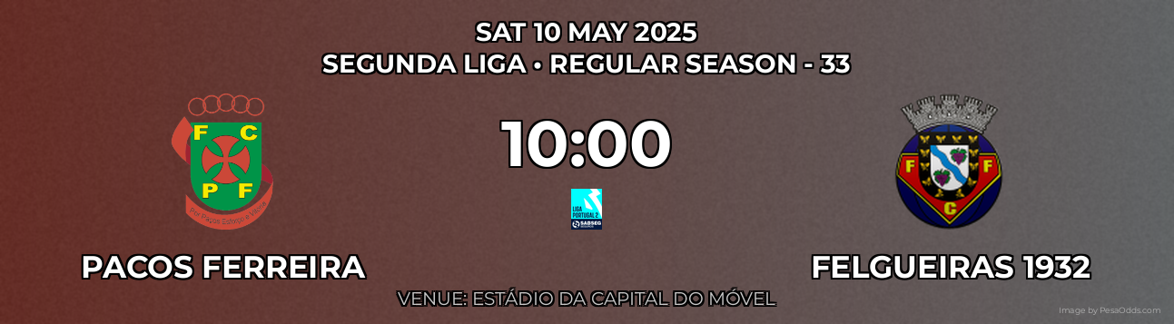 Pacos Ferreira vs Felgueiras 1932 Prediction match poster for Segunda Liga fixture on SAT 10 MAY 2025