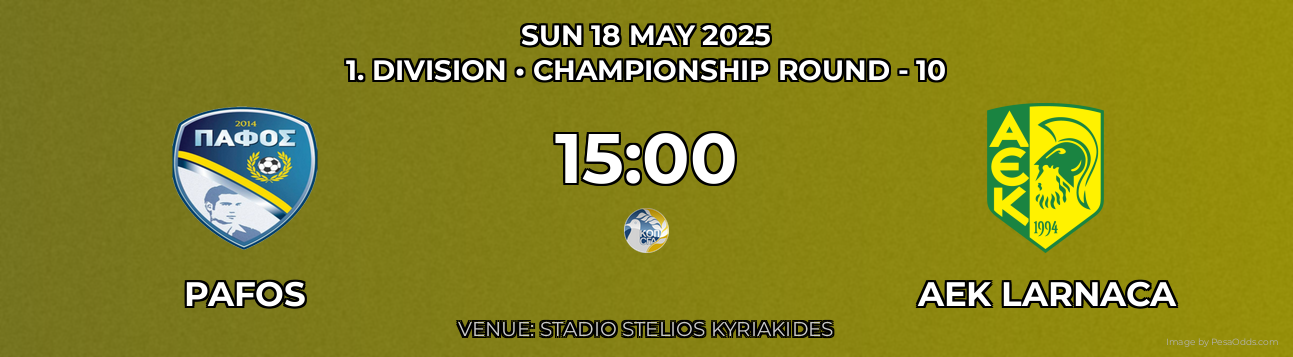 Pafos vs AEK Larnaca Prediction match poster for 1. Division fixture on SUN 18 MAY 2025