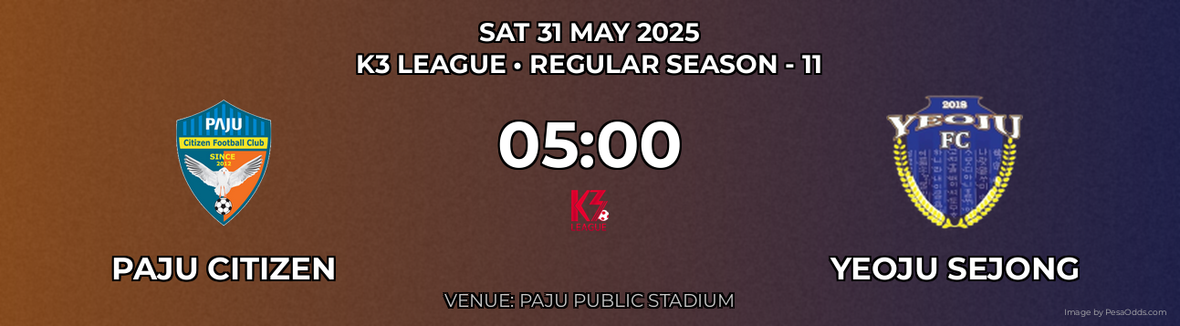 Paju Citizen vs Yeoju Sejong Prediction match poster for K3 League fixture on SAT 31 MAY 2025