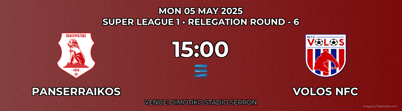 Panserraikos vs Volos NFC Prediction match poster for Super League 1 fixture on MON 05 MAY 2025