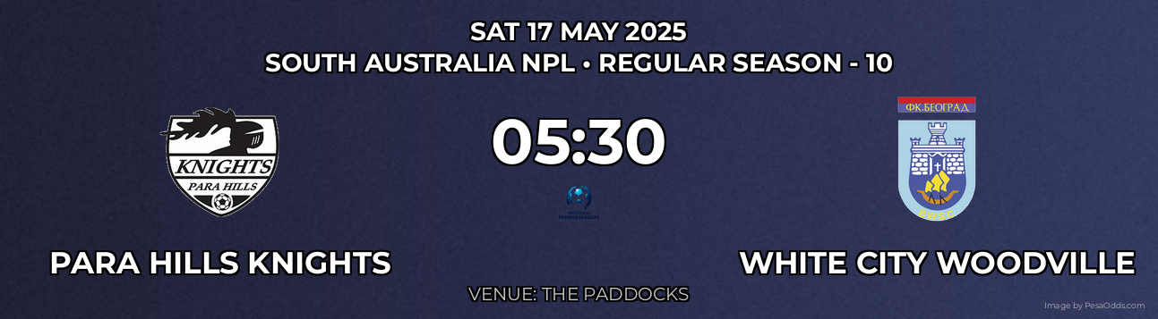 Para Hills Knights vs White City Woodville Prediction match poster for South Australia NPL fixture on SAT 17 MAY 2025