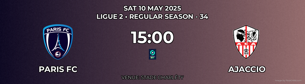 Paris FC vs Ajaccio Prediction match poster for Ligue 2 fixture on SAT 10 MAY 2025