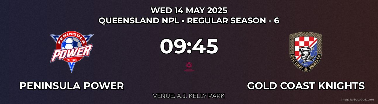 Peninsula Power vs Gold Coast Knights Prediction match poster for Queensland NPL fixture on WED 14 MAY 2025