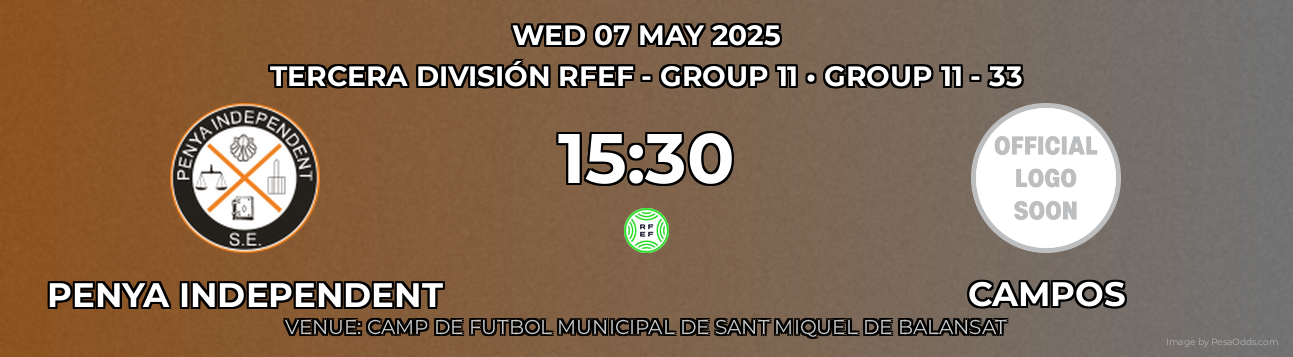 Penya Independent vs Campos Prediction match poster for Tercera División RFEF - Group 11 fixture on WED 07 MAY 2025