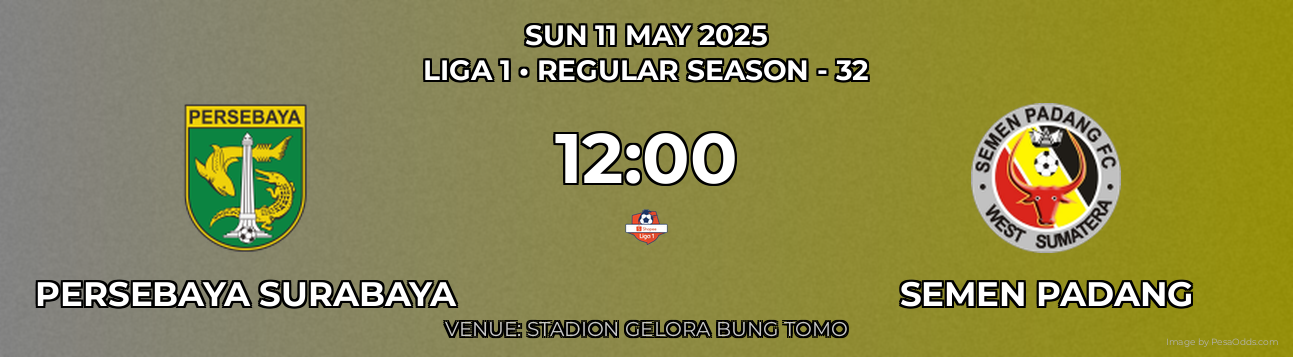 Persebaya Surabaya vs Semen Padang Prediction match poster for Liga 1 fixture on SUN 11 MAY 2025