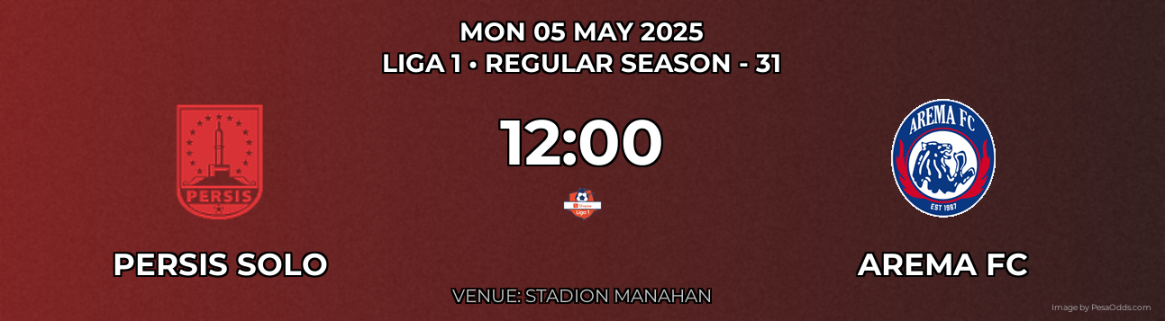 Persis Solo vs Arema FC Prediction match poster for Liga 1 fixture on MON 05 MAY 2025