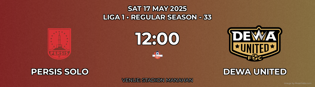 Persis Solo vs Dewa United Prediction match poster for Liga 1 fixture on SAT 17 MAY 2025