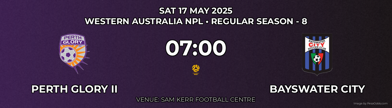 Perth Glory II vs Bayswater City Prediction match poster for Western Australia NPL fixture on SAT 17 MAY 2025
