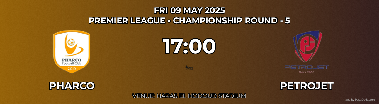 Pharco vs Petrojet Prediction match poster for Premier League fixture on FRI 09 MAY 2025