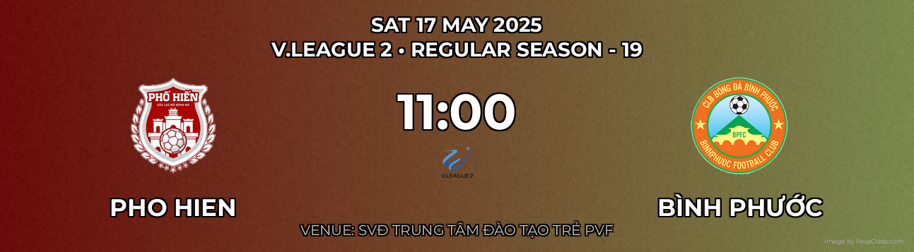 Pho Hien vs Bình Phước Prediction match poster for V.League 2 fixture on SAT 17 MAY 2025