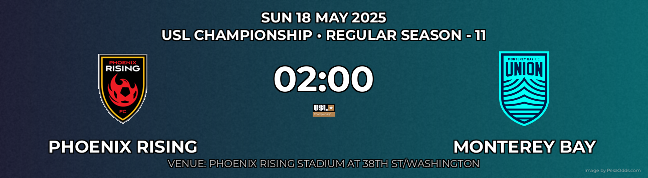 Phoenix Rising vs Monterey Bay Prediction match poster for USL Championship fixture on SUN 18 MAY 2025