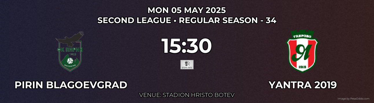 Pirin Blagoevgrad vs Yantra 2019 Prediction match poster for Second League fixture on MON 05 MAY 2025