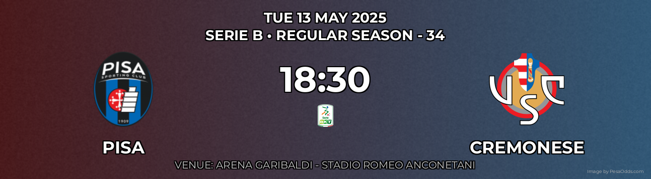 Pisa vs Cremonese Prediction match poster for Serie B fixture on TUE 13 MAY 2025