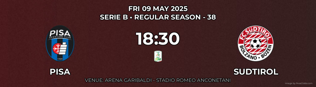Pisa vs Sudtirol Prediction match poster for Serie B fixture on FRI 09 MAY 2025