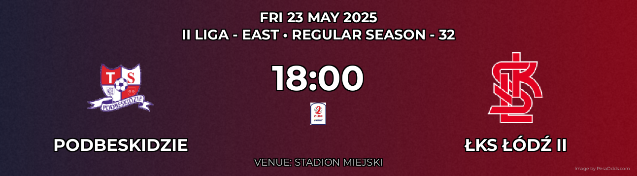 Podbeskidzie vs ŁKS Łódź II Prediction match poster for II Liga - East fixture on FRI 23 MAY 2025