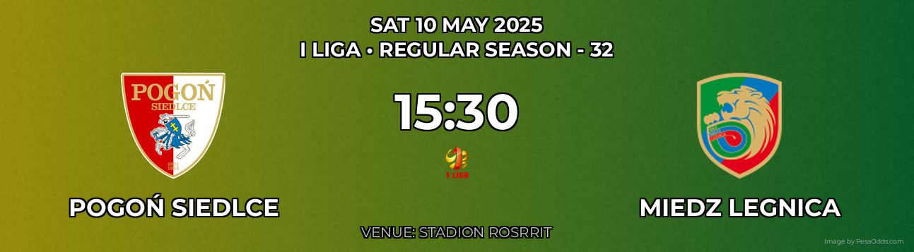 Pogoń Siedlce vs Miedz Legnica Prediction match poster for I Liga fixture on SAT 10 MAY 2025
