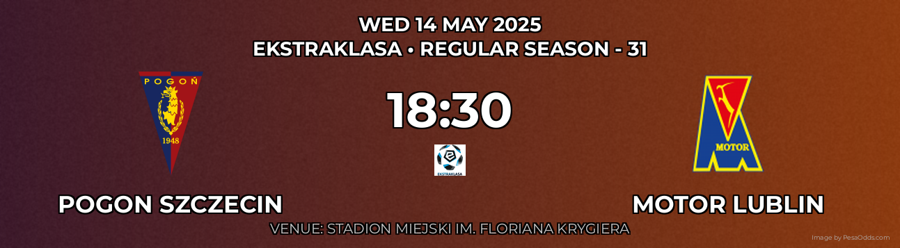 Pogon Szczecin vs Motor Lublin Prediction match poster for Ekstraklasa fixture on WED 14 MAY 2025