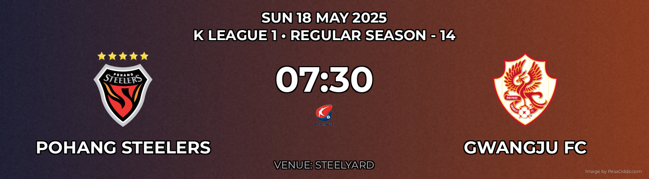 Pohang Steelers vs Gwangju FC Prediction match poster for K League 1 fixture on SUN 18 MAY 2025