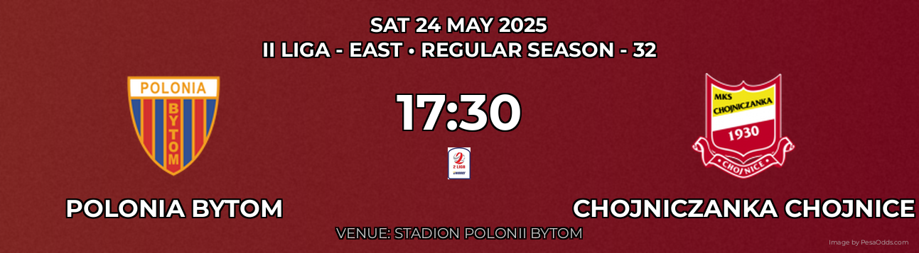 Polonia Bytom vs Chojniczanka Chojnice Prediction match poster for II Liga - East fixture on SAT 24 MAY 2025