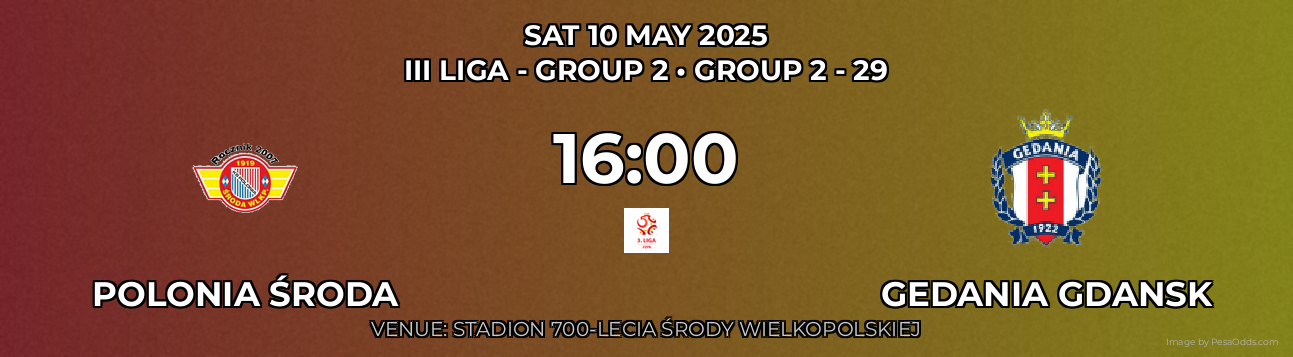 Polonia Środa vs Gedania Gdansk Prediction match poster for III Liga - Group 2 fixture on SAT 10 MAY 2025