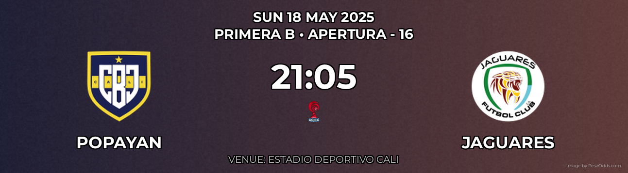 Popayan vs Jaguares Prediction match poster for Primera B fixture on SUN 18 MAY 2025