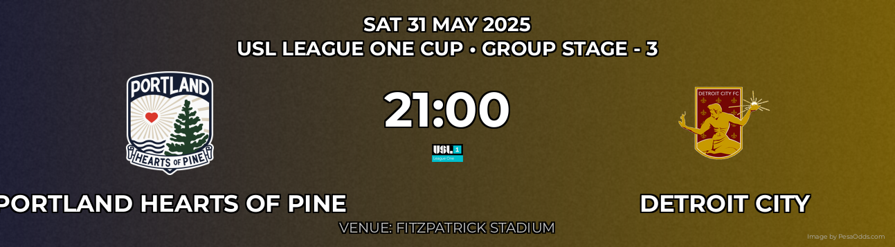 Portland Hearts of Pine vs Detroit City Prediction match poster for USL League One Cup fixture on SAT 31 MAY 2025