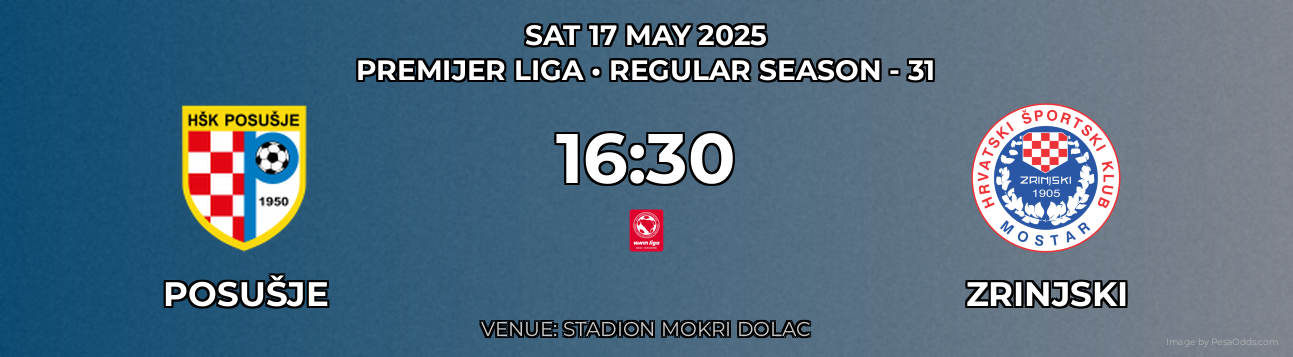 Posušje vs Zrinjski Prediction match poster for Premijer Liga fixture on SAT 17 MAY 2025